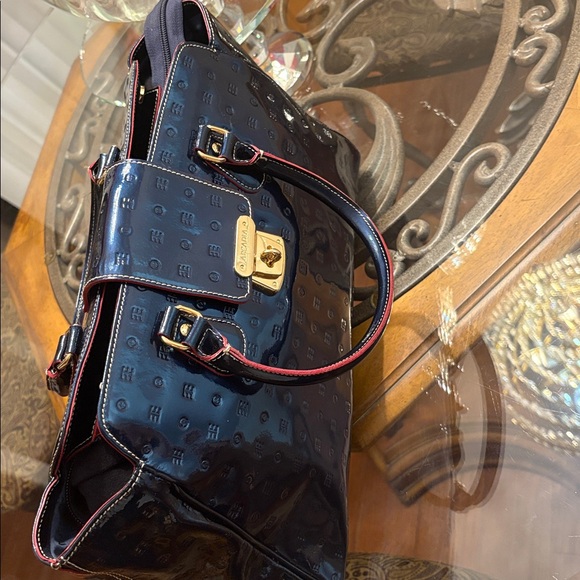 ARCADIA Patent Leather Satchel- BLUEw/ Red Trim - Picture 7 of 13